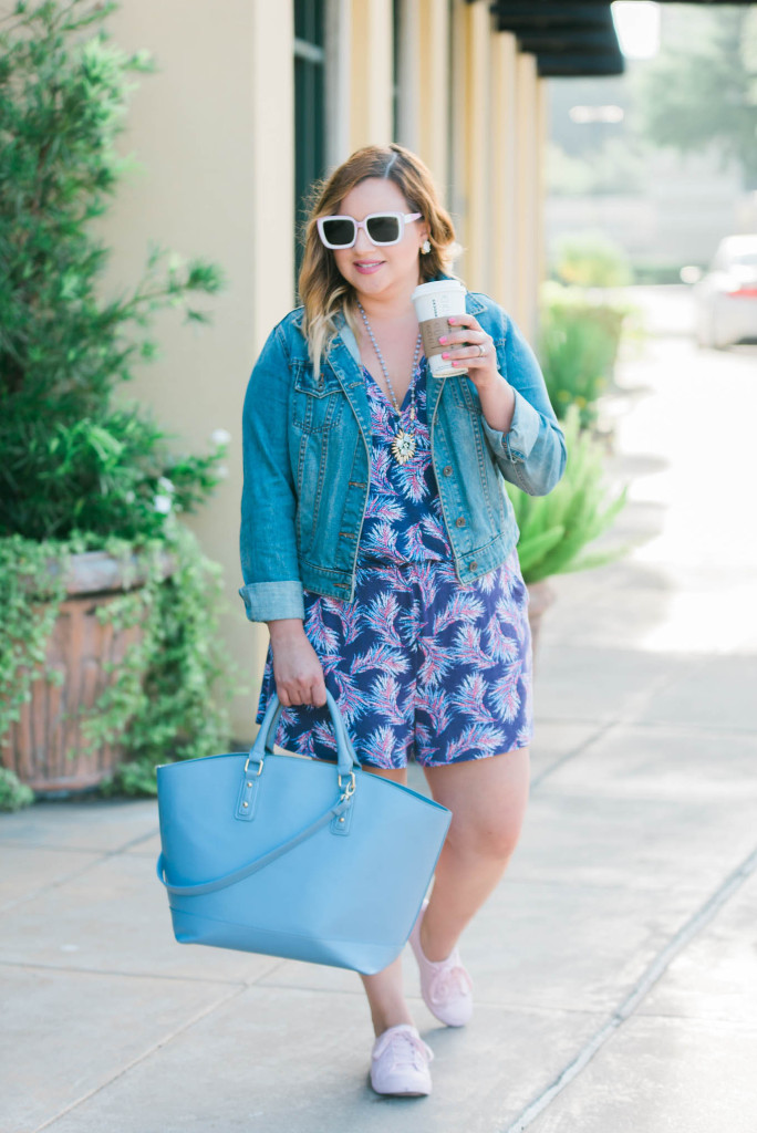 A romper is a versatile summer piece that you can dress down with cute sneakers and a denim jacket. 