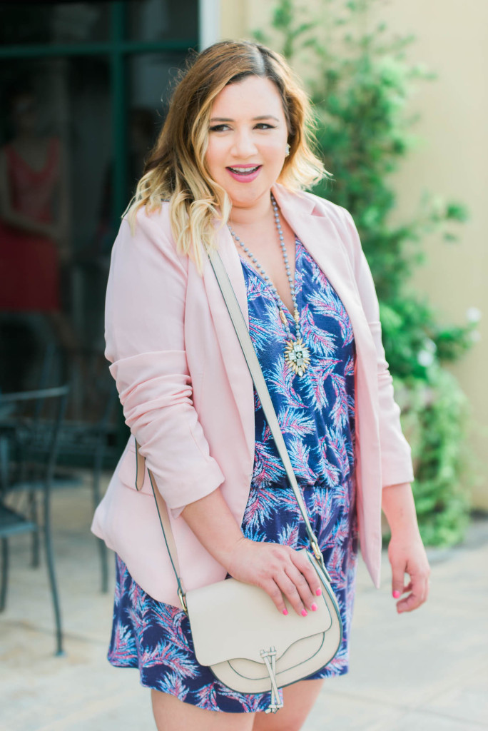 A pinkblazer really makes this romper look meeting or brunch ready! 