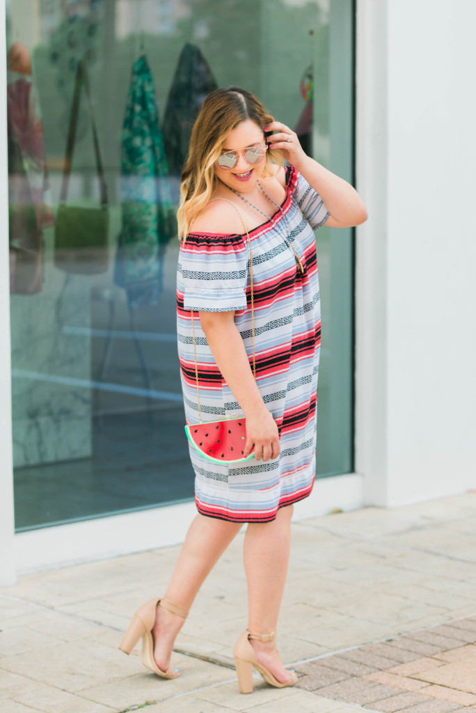 Dress up an off the shoulder dress with nude & comfy heels. 