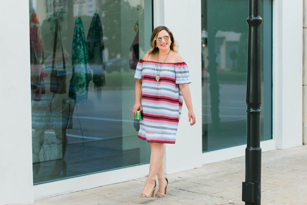 An off the shoulder dress works great as a swimsuit cover-up at the pool or beach too!