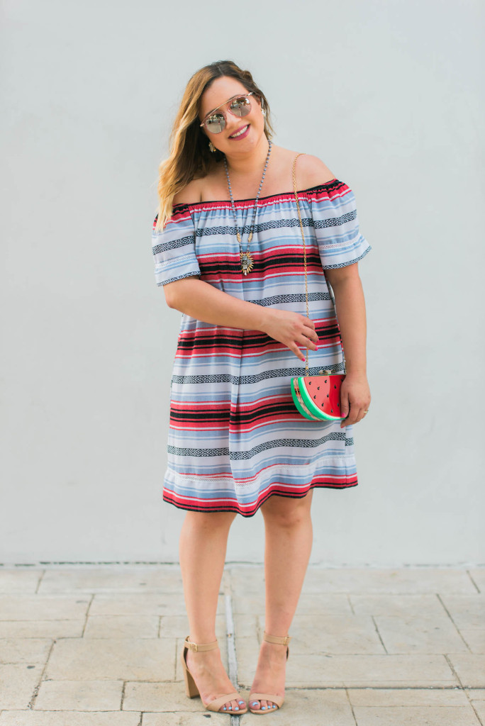 My favorite off the shoulder dress look is this playful outfit! I found this dress at Target, it' sold out but I linked a simnilar one for under $30!