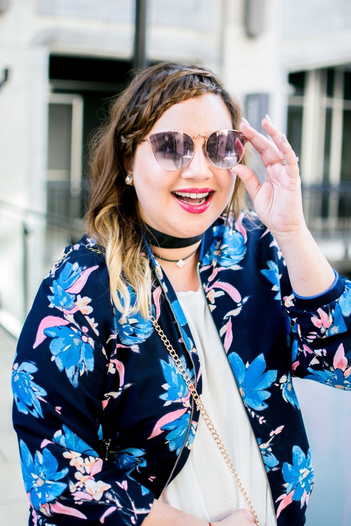 This season is all about bang braids and feminine, fall florals like on this bomber jacket.