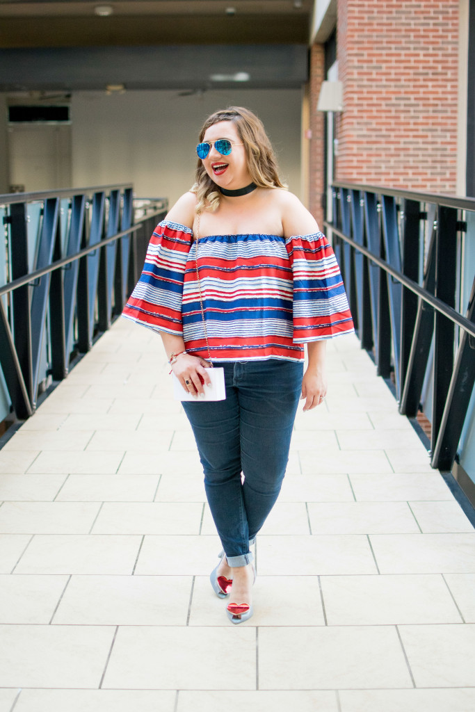 You can't go wrong with skinny dark wash denim and an off the shoulder top. 