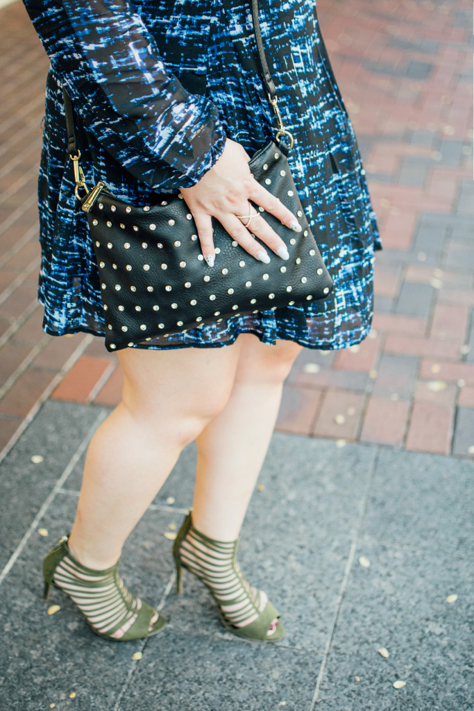 Olive green heels look great when paired with this Charming Charlie trapeze dress. 