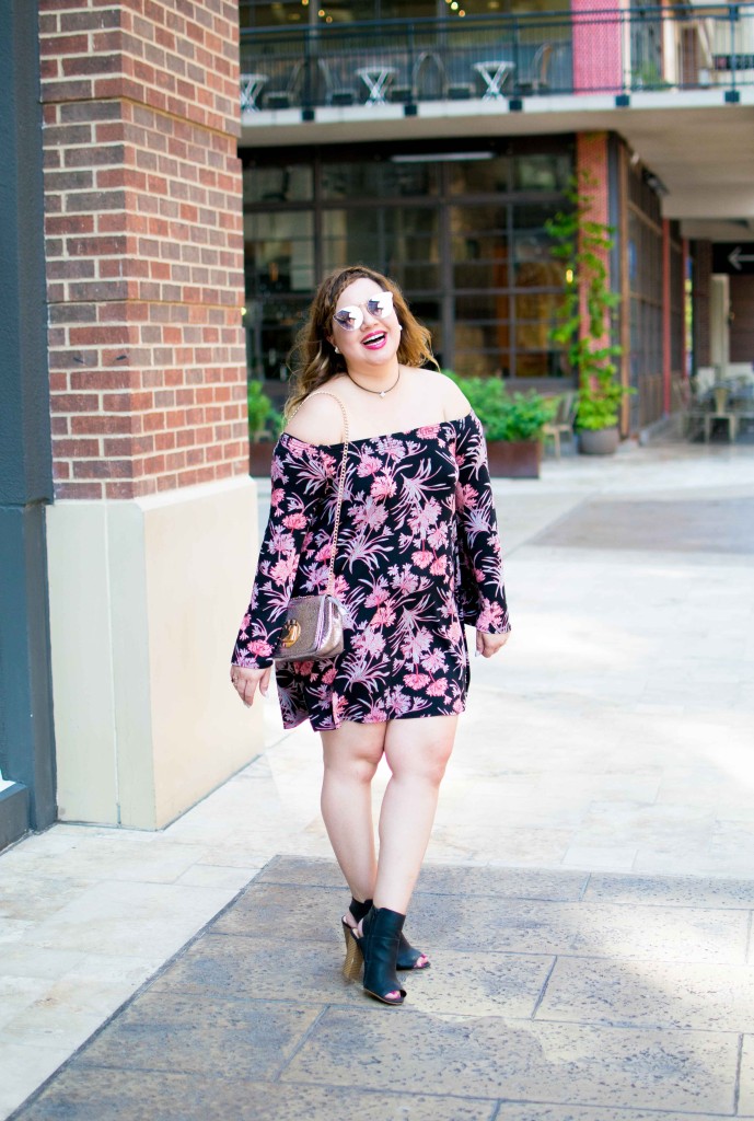 Fall floral off the shoulder dress and peep toe booties