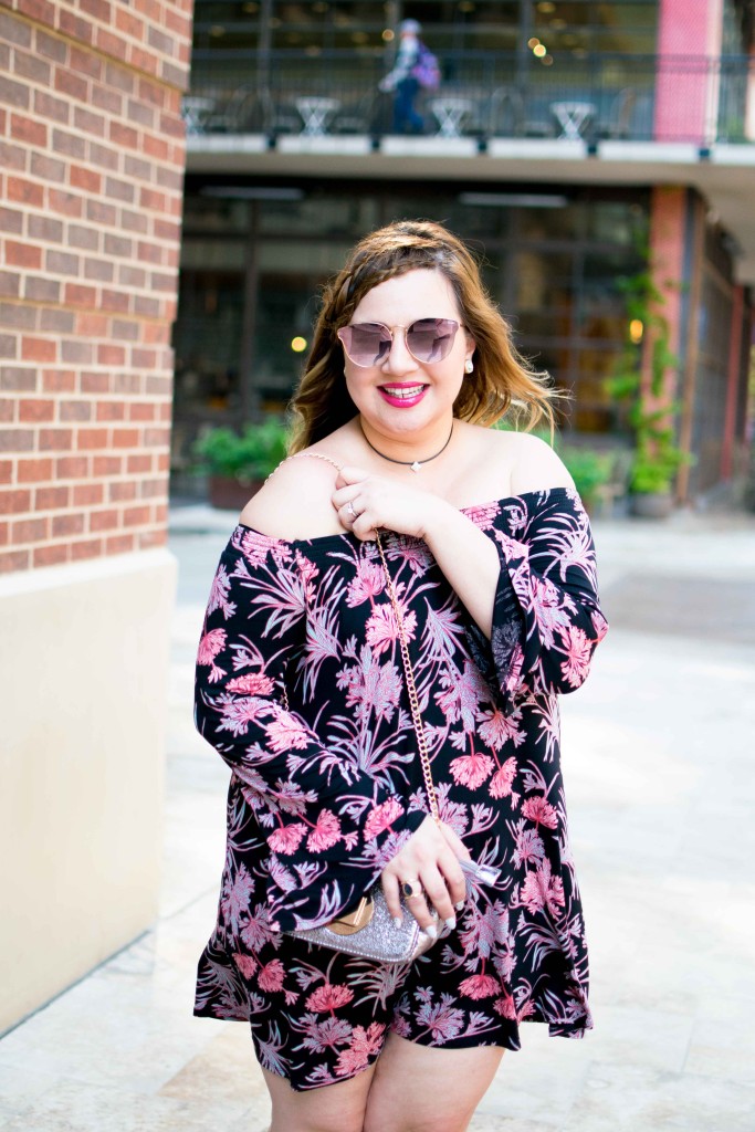 Fall florals off the shoulder dress and peep toe booties