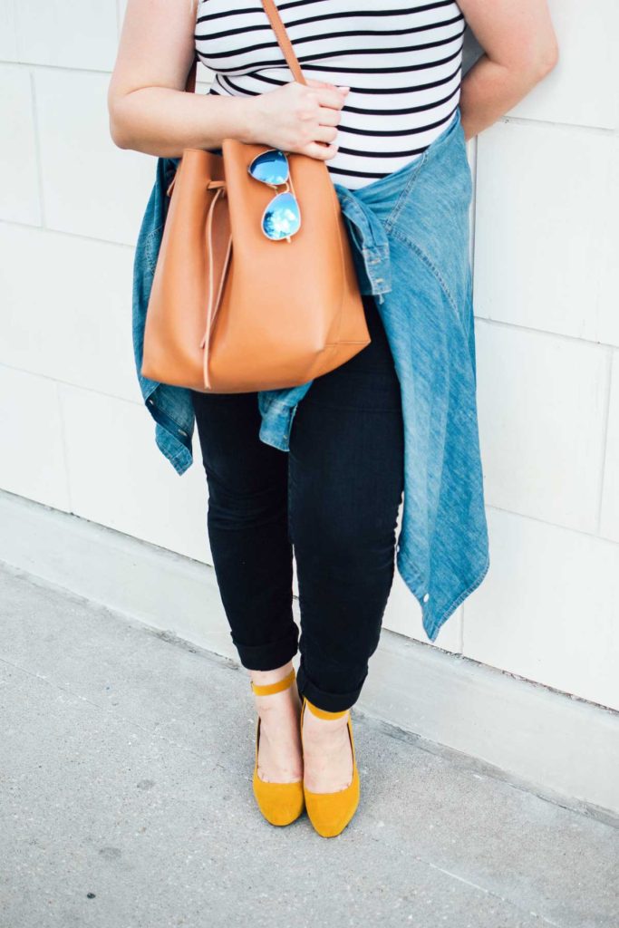 I had fun accessorizing this look with a pop of color in my chunky, velvet heels.