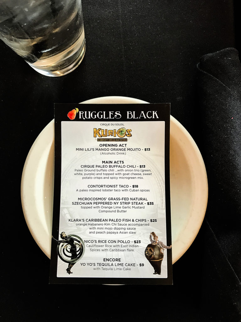 Ruggles Black-Cirque du Soleil- KURIOS menu by Chef Bruce Molzan-Menu Card