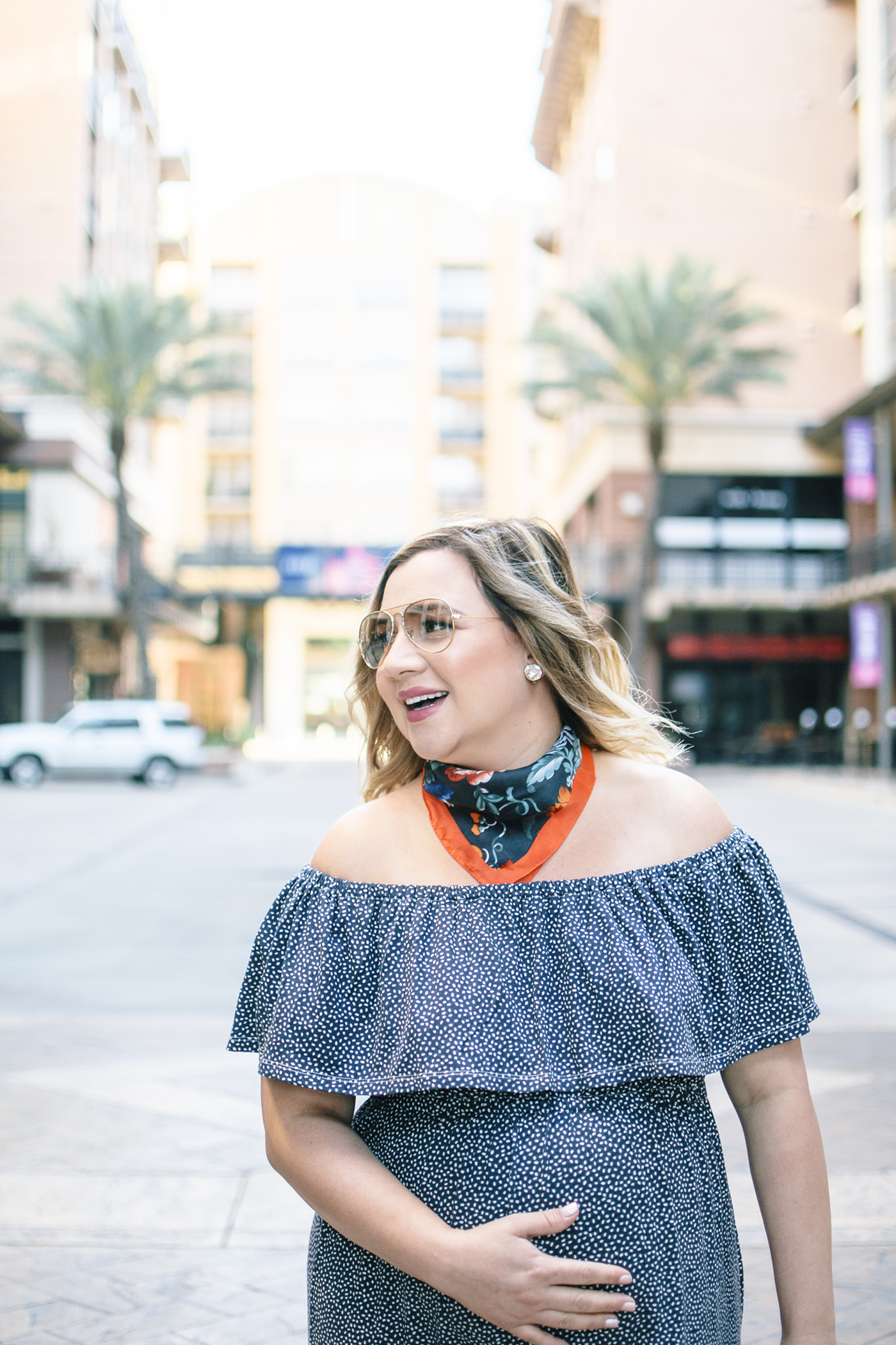 Ingrid and Isabel Off the SHoulder Dress and Stylign ti With the Neck Handekerchief on Lipstick and Brunch